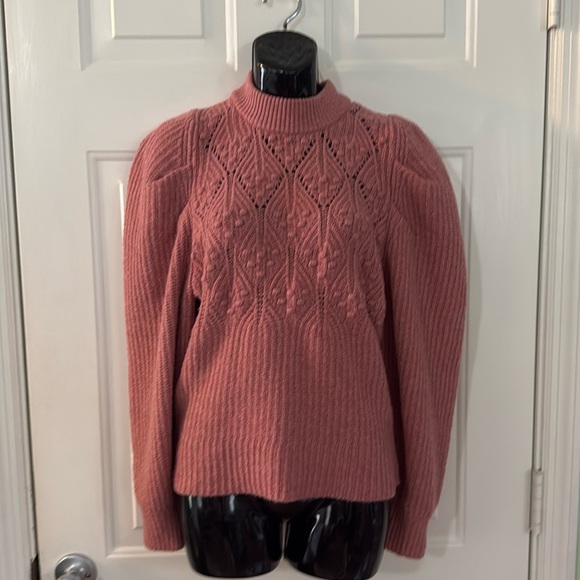A New Day Puff Sleeve Sweater Dusty Rose Pink Crochet 100% Recycled Size Small - Picture 1 of 7